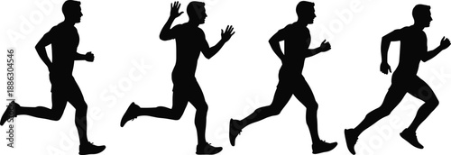 Running man silhouette sequence, male athlete jogging sprint poses, dynamic fitness training endurance sport motion isolated on white background illustration