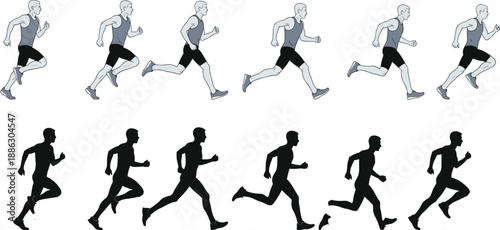 Running man motion sequence illustration, male athlete sprint jogging animation frames with silhouette comparison, fitness sport movement study isolated on white background