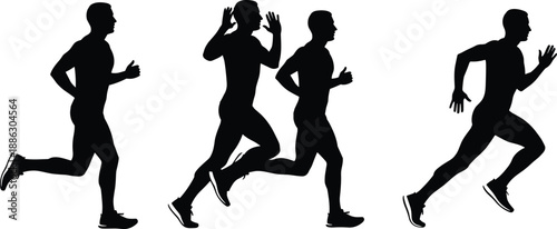 Running man silhouettes sequence, male athlete sprint jogging motion poses, fitness training endurance sport concept isolated on white background illustration