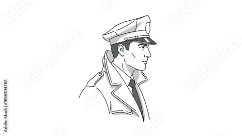 A grayscale illustration of a police officer in uniform, viewed in profile, against a plain white background with a neutral mood.