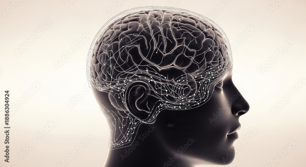 Obraz premium Human head with brain visible black silhouette and white neural network side profile thinking intelligence cognition mental health concept neuroscience psychology brain function neural connections
