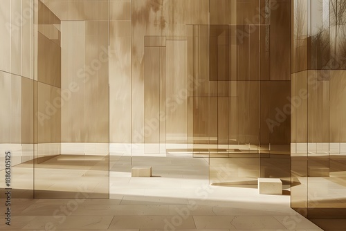 A modern architectural space featuring transparent glass walls and warm wooden elements.