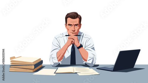 A thoughtful police officer sits at a desk with a laptop and papers, looking concerned while on the job in a professional setting.