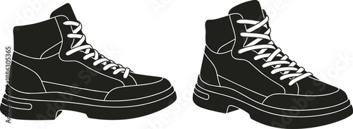 Set of black high top sneaker vector illustrations, side and perspective view isolated on white background for casual fashion and footwear design elements. (23 words)