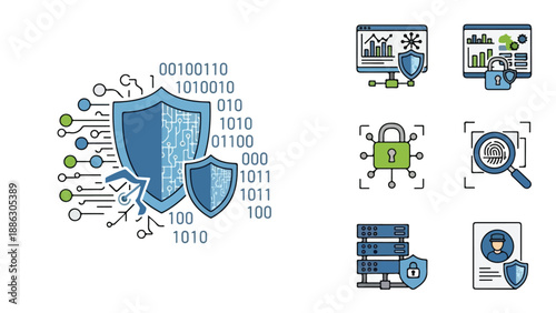 Flat lay of various cybersecurity icons including shields and binary code on a white background with a focus on data protection and online security, representing police and technology.