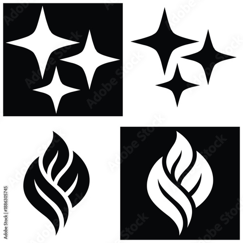 Abstract Sparkle and Flame Logo Set – Minimal Star and Fire Icon Vector