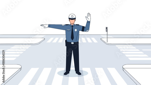 Illustration of a police officer directing traffic with outstretched arms on a crosswalk with white and gray stripes.