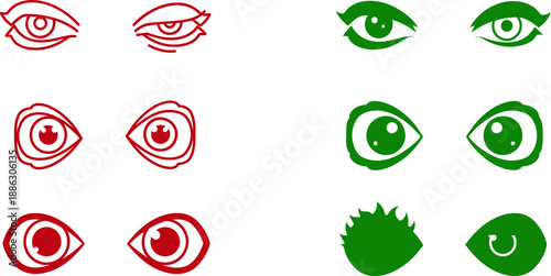 Various stylized eyes in red and green colors on white background