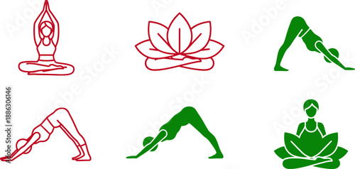 Yoga poses illustrated with red and green line and lotus flowers line red