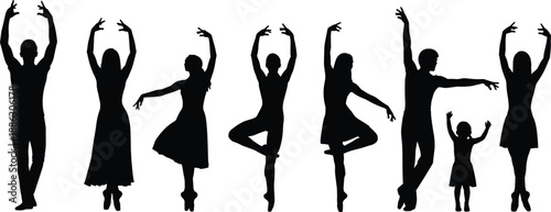 Ballet dancer silhouettes set, graceful male and female performers in artistic poses, contemporary dance movement icons, theater performance vector, school of dance illustration.