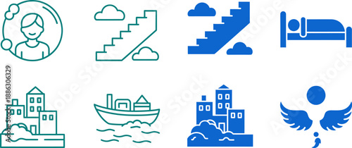 Blue and green representing life stages and transitions with people buildings and symbols