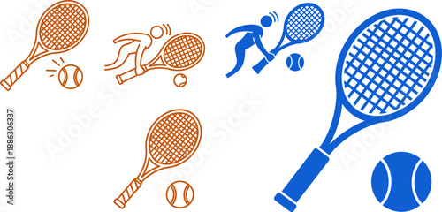 Blue and orange tennis rackets and players in action with tennis balls