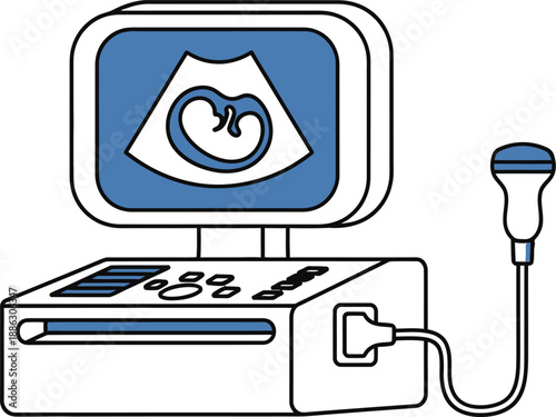 Blue and white ultrasound machine with fetal on screen and connected probe medical