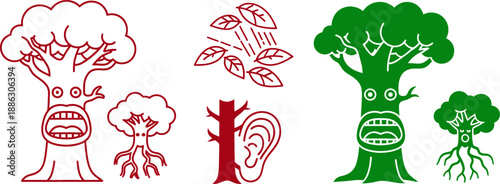 Colorful anthropomorphic trees with facial expressions and leaves cartoon trees green trees