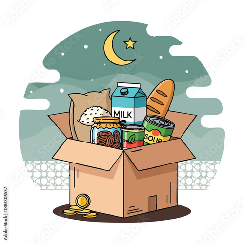 Ramadan Iftar Food Donation Box Illustration. Charity Aid Package with Dates, Milk, and Zakat Supplies under Crescent Moon.