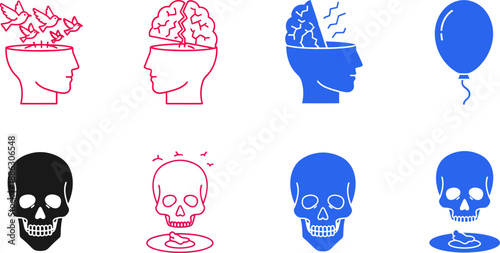Colorful of human heads with birds and cracked brains and skulls with brain food