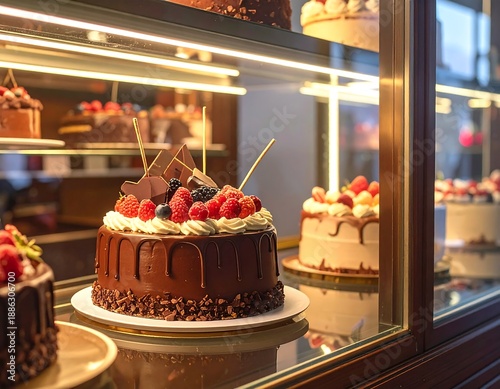 Delicious Cakes Displayed in a Bakery Showcase.