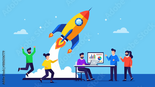 People launching a rocket while working on a computer together in a bright environment from a low angle view