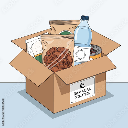 Ramadan Food Donation Box: Illustrated charity hamper containing dates, rice, water, and essential groceries for Iftar or Zakat aid.