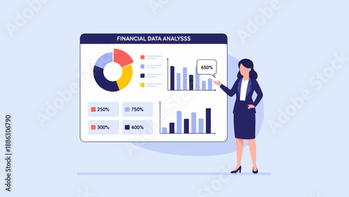 Businesswoman analyzing financial data on a large screen display with various charts and graphs