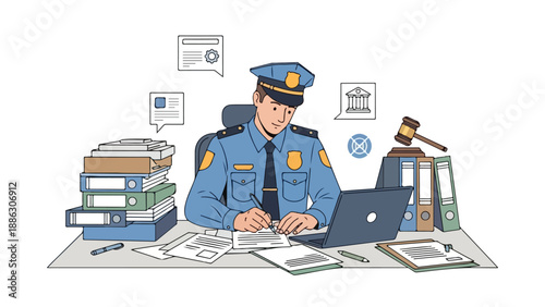 A police officer sits at a desk, working on a laptop with papers, books, and a gavel nearby in a professional setting.