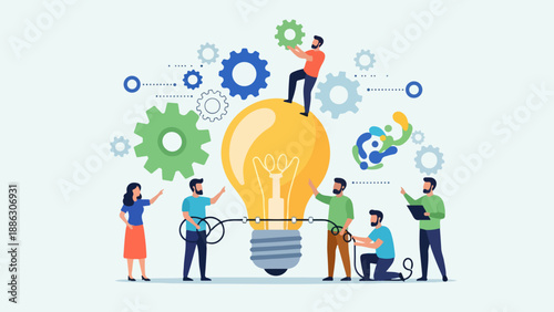 Team brainstorming around a giant lightbulb surrounded by gears and people working together