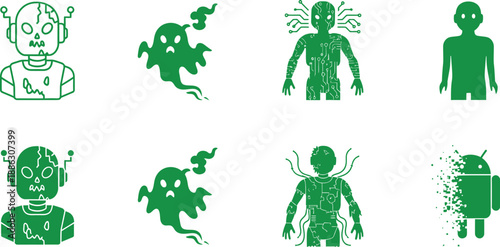 Green digital robots ghosts cyborgs and androids in minimalist style