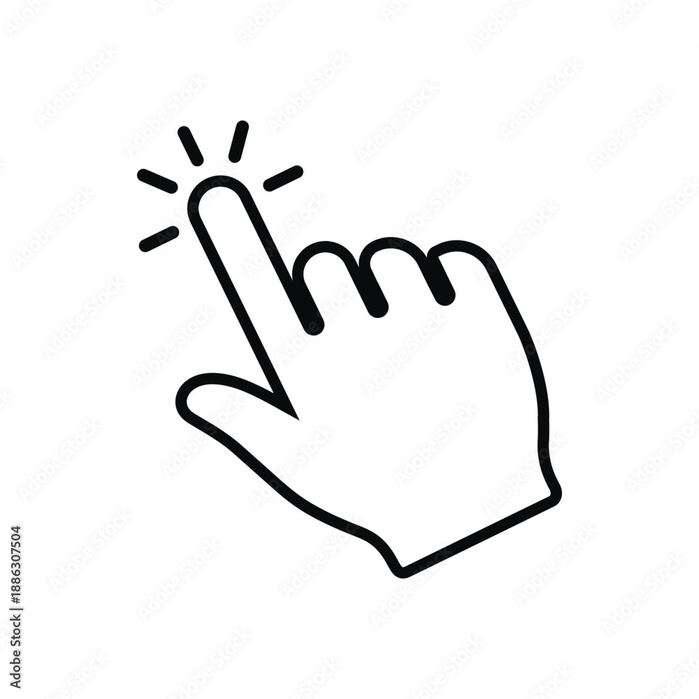 Obraz premium Black and white vector icon of a hand cursor clicking. Minimalist outline illustration of a finger touching a screen or button, symbolizing digital interaction, selection, and web navigation.