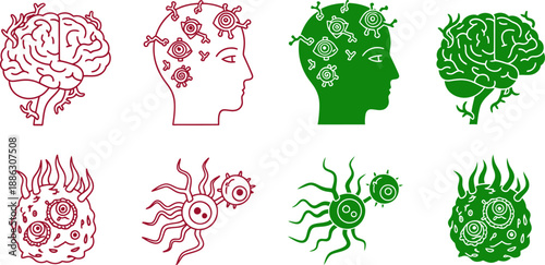 Red and green brain and neuron with virus neurons