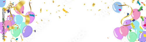 Pastel colorful balloons with golden streamers and falling confetti  horizontal banner for birthday party baby shower