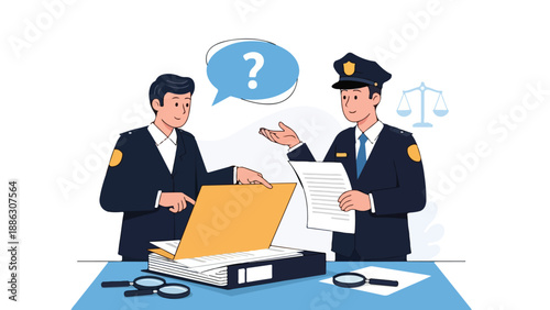Illustration of two police officers discussing a case file on a table with a thoughtful expression and a question mark.