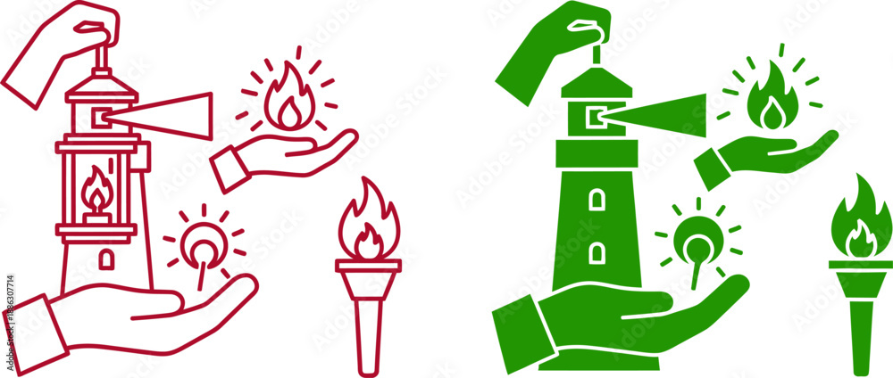 Obraz premium Red and green lighthouse and torch with flames and hands