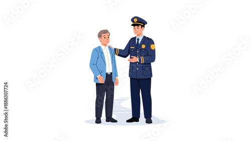 Illustration of a police officer handing a document to a man in a blue blazer against a plain white background with a formal and official mood.