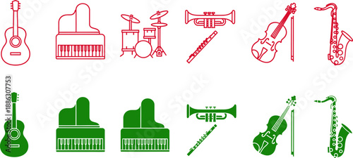 Red and green musical instruments set including guitar piano drums trumpet saxophone violin and clarinet