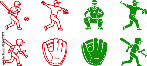 Red and green of baseball players and equipment