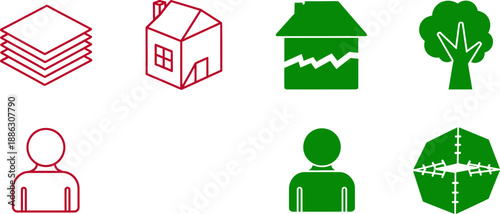 Red and green of books, house, tree, person, and barbed wire on green background