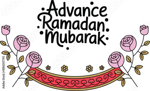 Advance ramadan mubarak with elegant pink roses and a festive decorative banner for a joyous holy month greeting isolated on white background