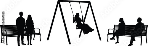 Set of black silhouettes showing people in park, standing and sitting couples with girl on swing, outdoor leisure vector illustration isolated on white background.