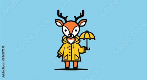 Cartoon deer with umbrella and raincoat