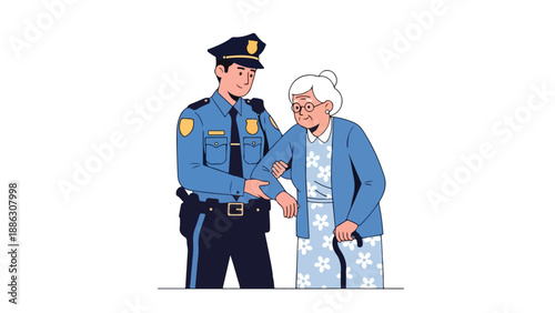 Illustration of a police officer assisting an elderly woman with a cane in a supportive gesture.