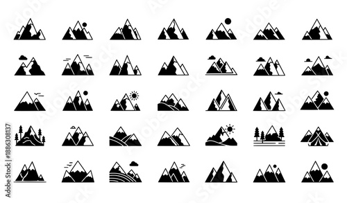 Mountain icon set with peaks, hills, and outdoor landscape symbols vector