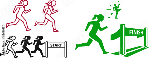 Silhouettes of runners with start and finish lines in different colors running start line