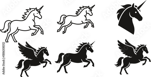 Six black and white unicorn and pegasus silhouettes in various poses 1