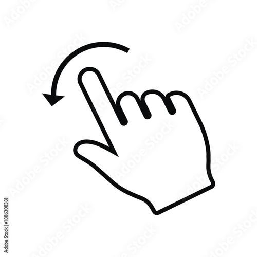 Black solid vector icon of a hand swiping. Features a finger silhouette with a curved arrow, ideal for representing screen rotation, sliding gestures, app navigation, and digital interactions.