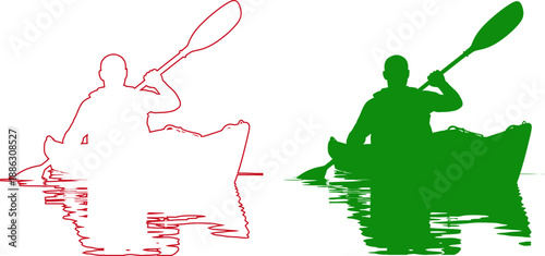 Two kayakers paddling in water with red and green silhouettes red silhouette