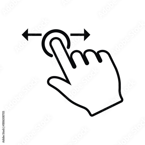 Black solid vector icon of a hand swiping. Features a finger silhouette with a curved arrow, ideal for representing screen rotation, sliding gestures, app navigation, and digital interactions.