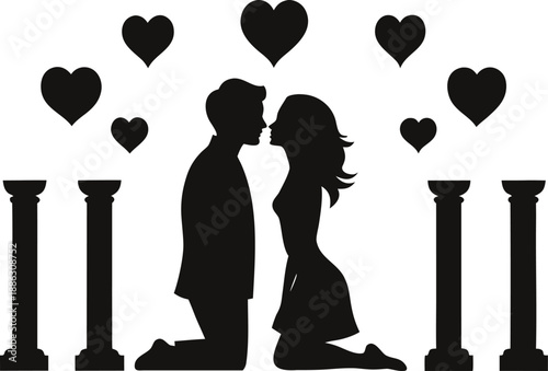 Silhouette of a couple sharing a romantic moment surrounded by hearts