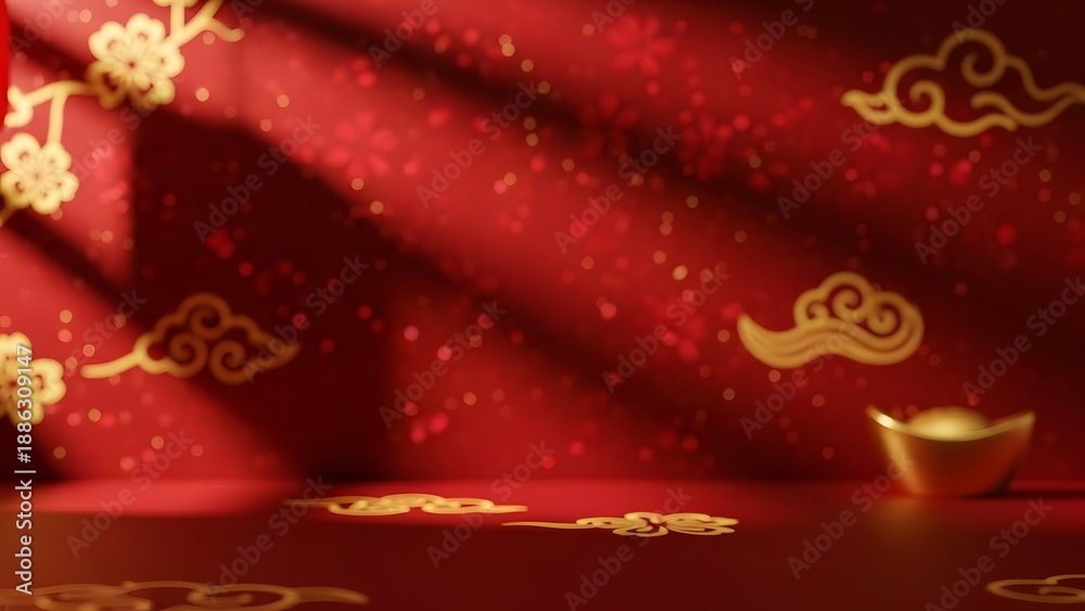 Naklejka premium Chinese New Year background with red walls, gold clouds, traditional ornaments, and sunlight for product display