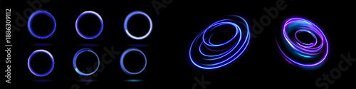 Neon swirl. Curve blue line light effect. Abstract ring background with glowing swirling background. Energy flow tunnel. Blue portal, platform. Magic circle vector.