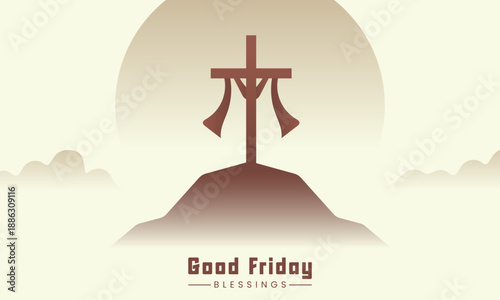 A serene Good Friday vector design featuring a cross on a hill with a sunset background and blessings text